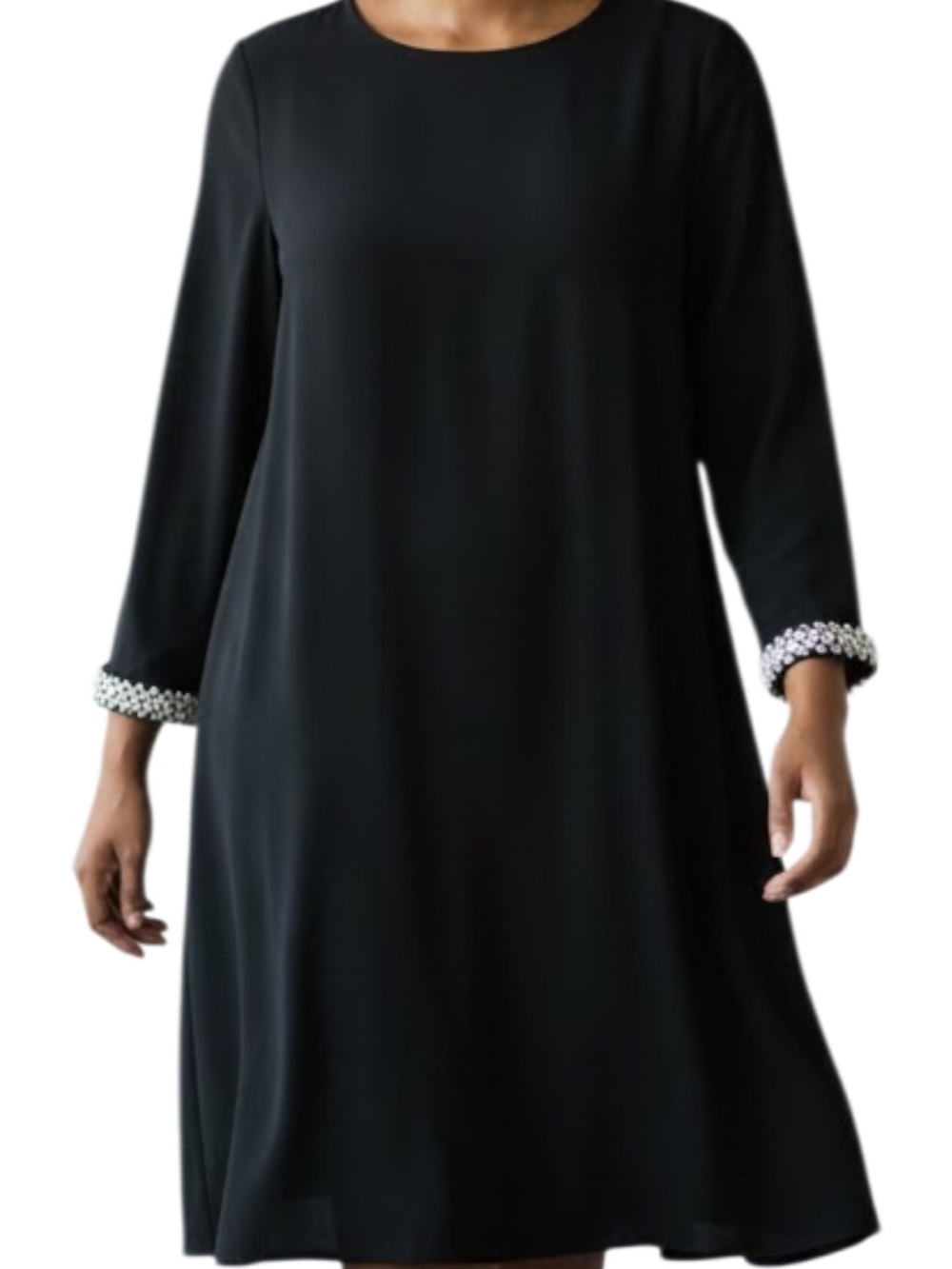 London Times Black Shift Dress with Pearl Jewel-Trim Cuffs